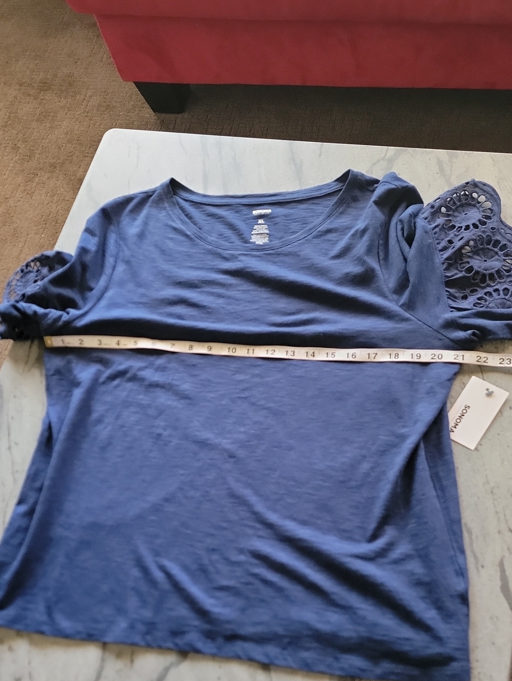SONOMA Short Sleeve Embroidered Sleeve Top Navy Blue Size XL NWT - Picture 8 of 9